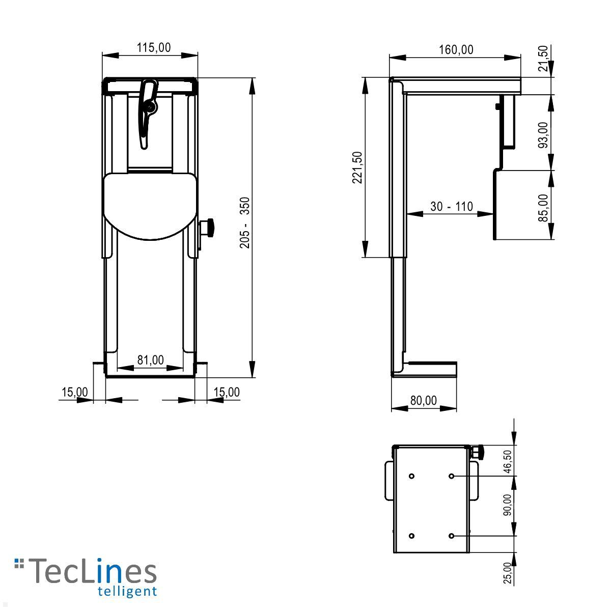 TecLines TPH002B Thin Client PC Halterung Untertisch 30-110 mm, schwarz technische Zeichnung