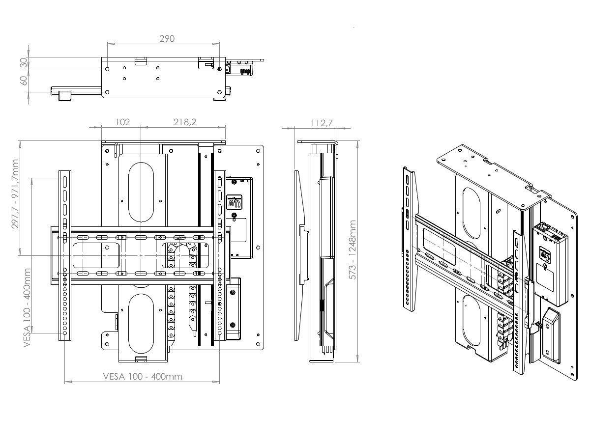 MonLines MLD675S myTVLift Deckenlift elektrisch, 675mm, silber technische Zeichnung