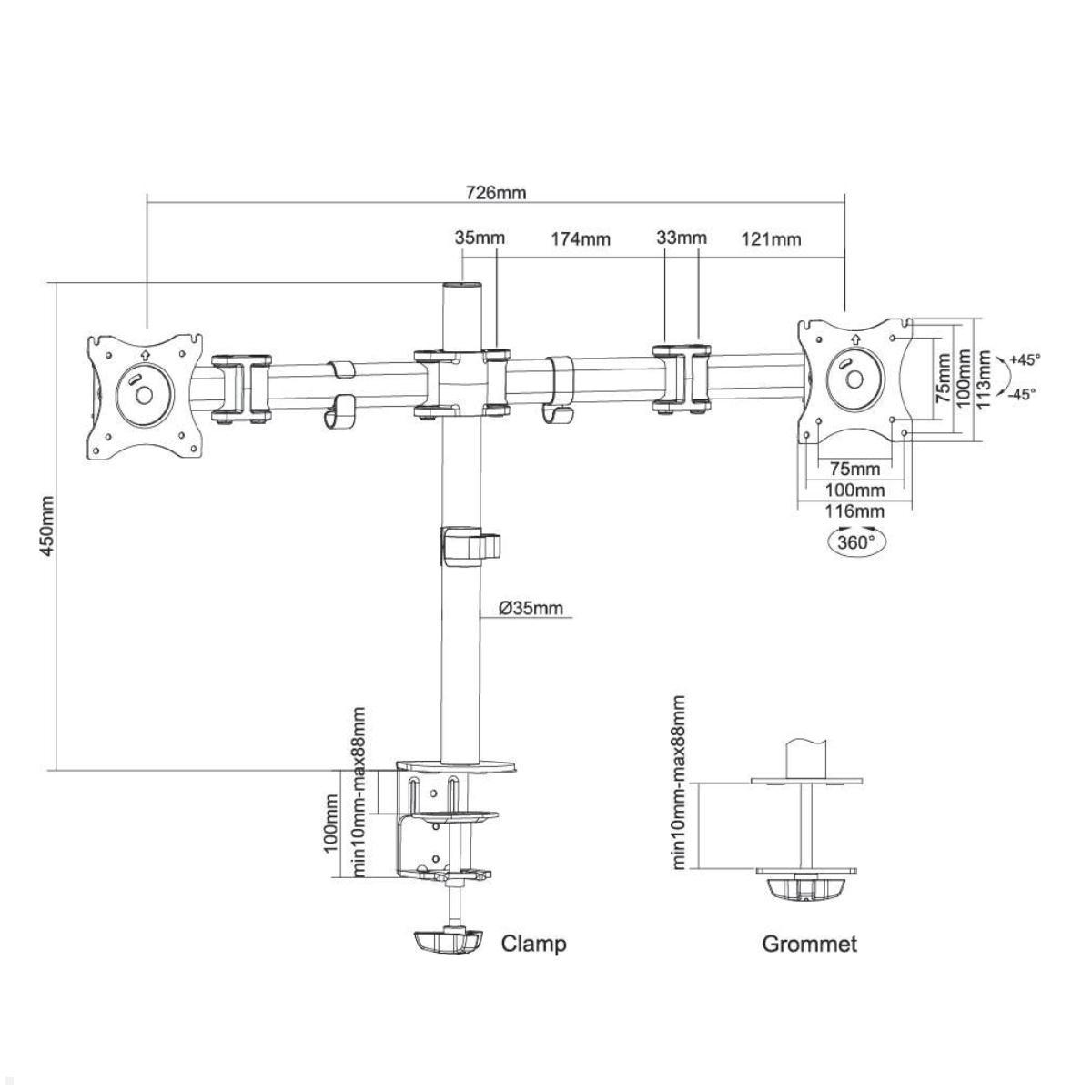 MonLines MTH011 schwenkbare Monitorhalterung für 2 Monitore 10-27 Zoll technische Zeichnung