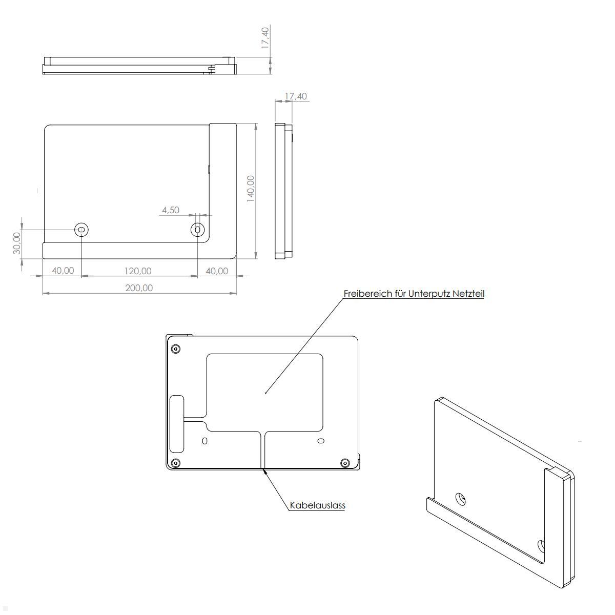 TabLines TWP018W Wandhalterung für Samsung Tab A8 10.5 (2022), weiß, Zeichnung Maße ohne Tablet