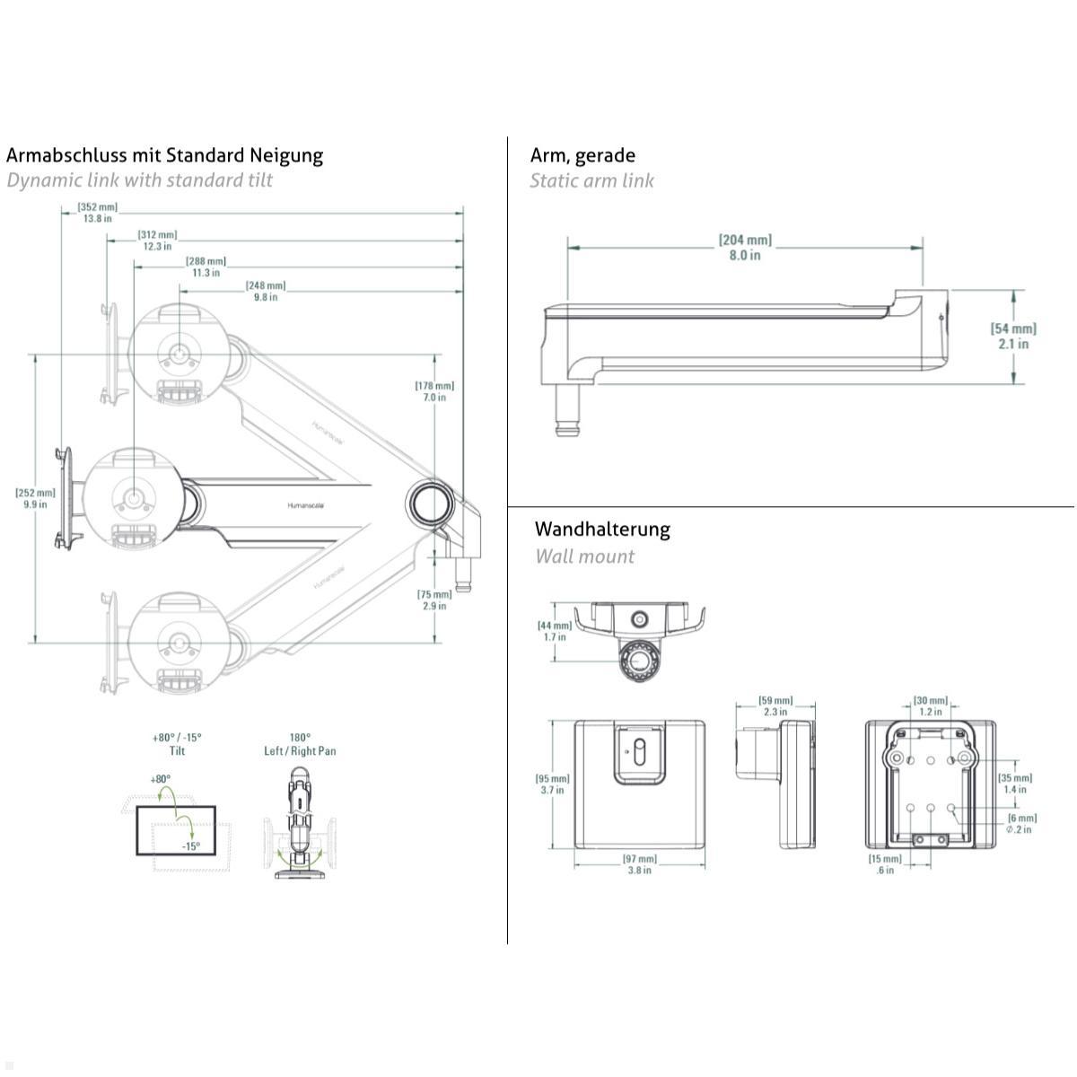 Humanscale M2.1 Laptop Wandhalterung mit Schwenkarm gerade, silber, technische Zeichnung