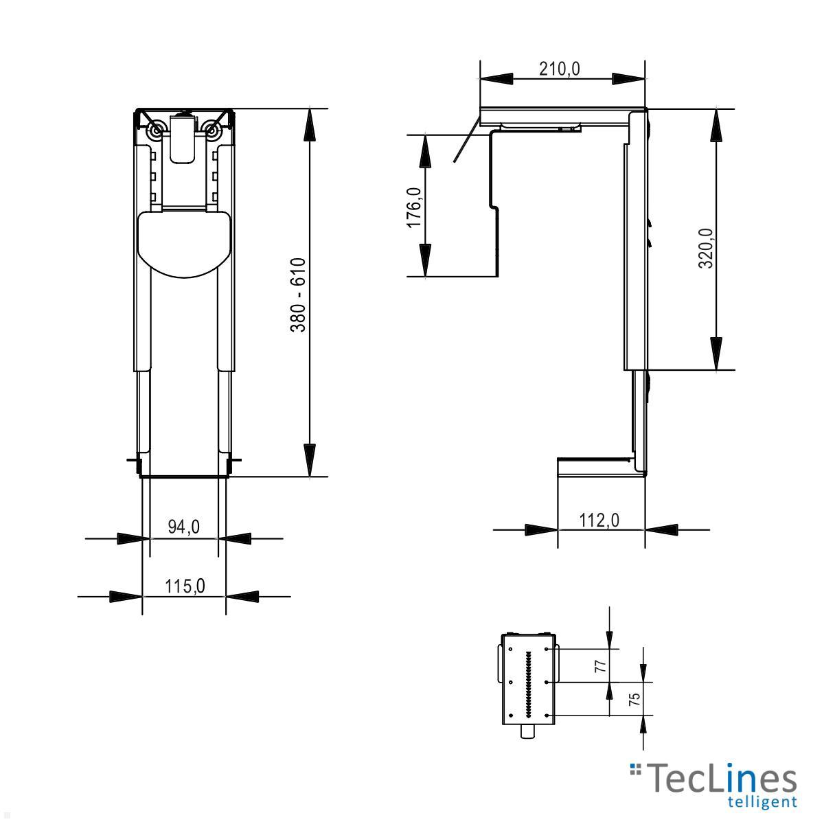 teclines-tph001W-pc-halterung-untertisch-80-220-mm-weiss technische Zeichnung