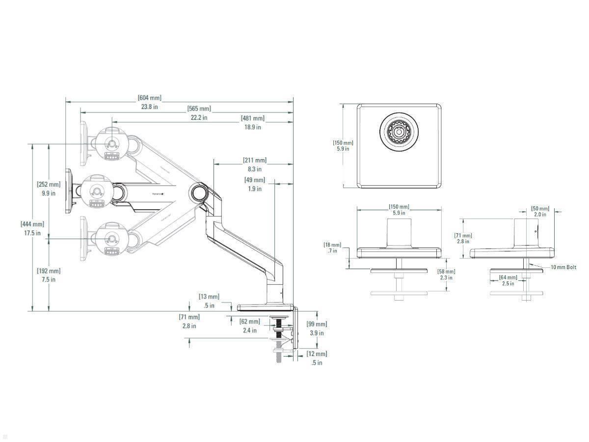 Humanscale M8.1 Monitorhalter Tisch Durchschraub, schwarz, Technische Zeichnung