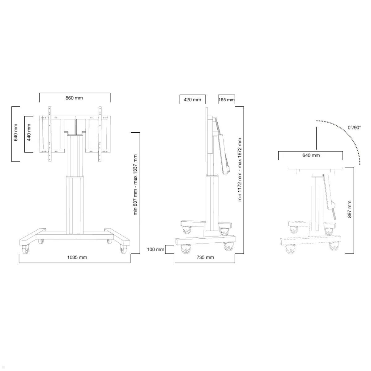 Neomounts PLASMA-M2500TBLACK Touch-Tisch/Ständer bis 100 Zoll, elektrisch, Zeichnung Maße