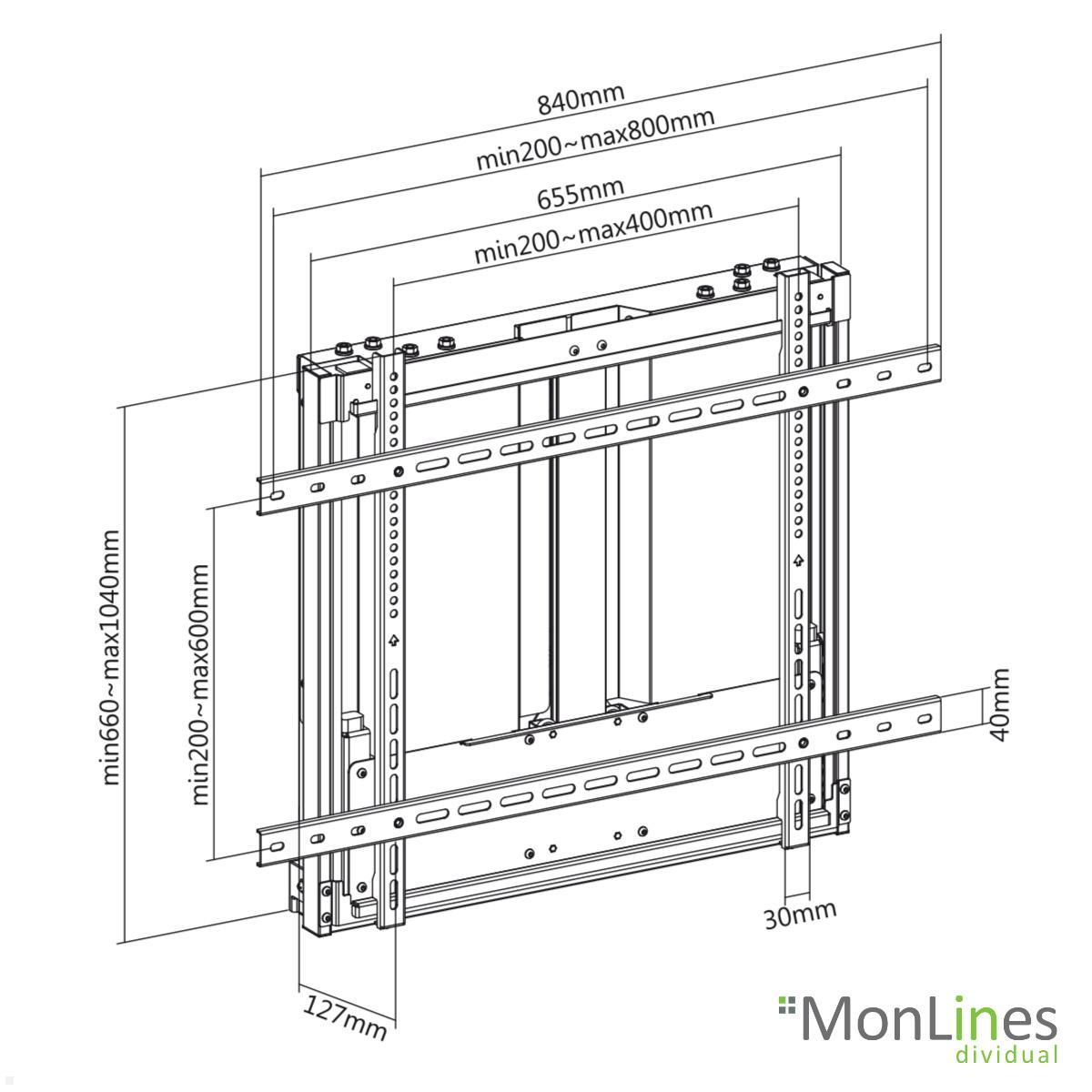 MonLines MWH030B höhenverstellbare Monitor Whiteboard Wandhalterung 40 - 60 kg technische Zeichnung