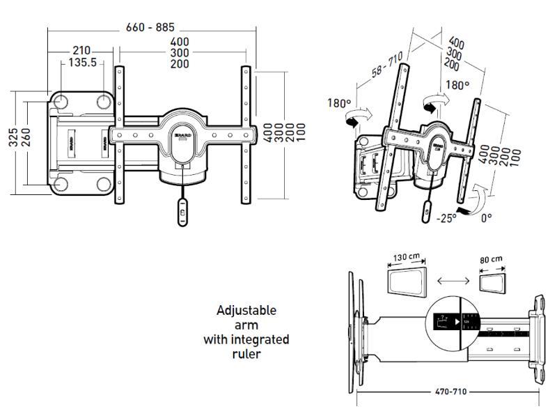 Schwenkbare TV Wandhalterung 180 Grad 30 - 65 Zoll – Erard TWiSTiT 400, technische Zeichnung