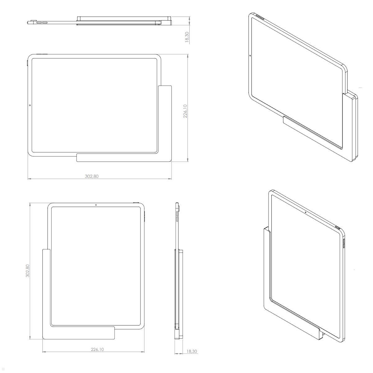 TabLines TWP011B Wandhalterung für iPad Pro 12.9 (5.Gen.) 2021, schwarz, Zeichnung Maße