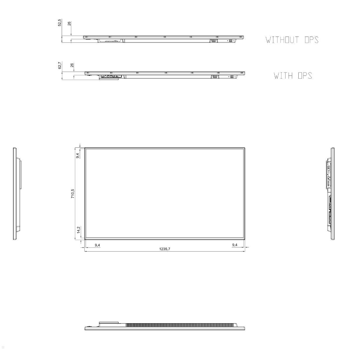 Clevertouch CM Digital Signage Display 55 Zoll LED 4K UHD (1290019EXP), technische Zeichnung Vorderseite