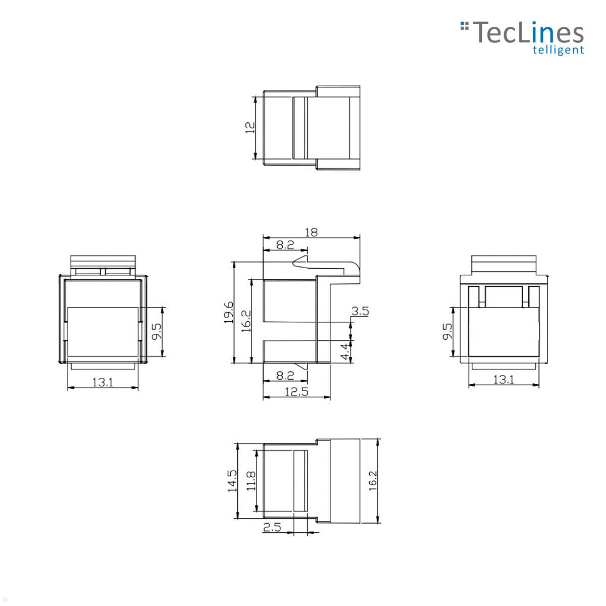 TecLines TKM012W Keystone Rechteck Leeradapter, weiß technische Zeichnung