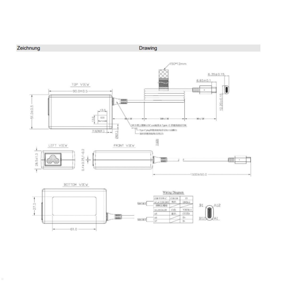 Bachmann Zubehör Netzteil USB-C 65W PD mit Kabelpeitsche 1,5m (918.194), Skizze