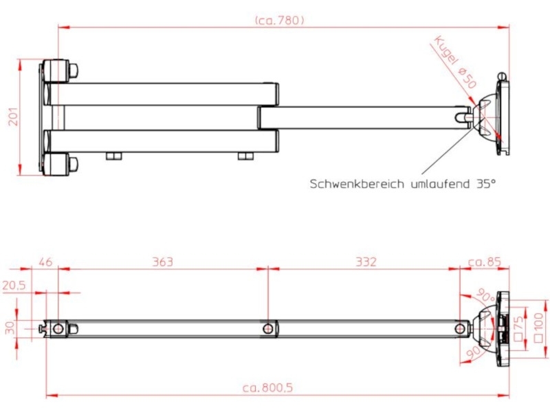 Novus Monitorhalter TSS Faltarm III XL 800 (965+0119+003) Maße