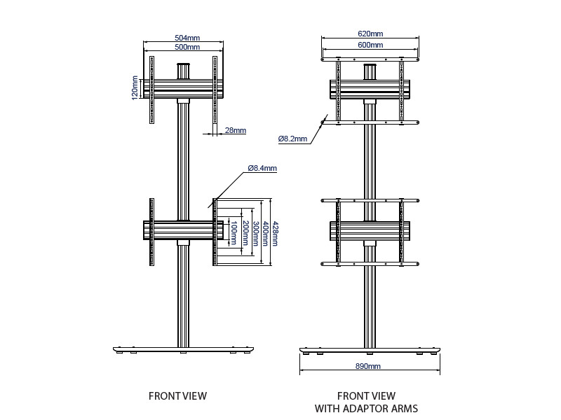 B-Tech BTF841/BS System X Dual Monitorständer 32"-65" Maße