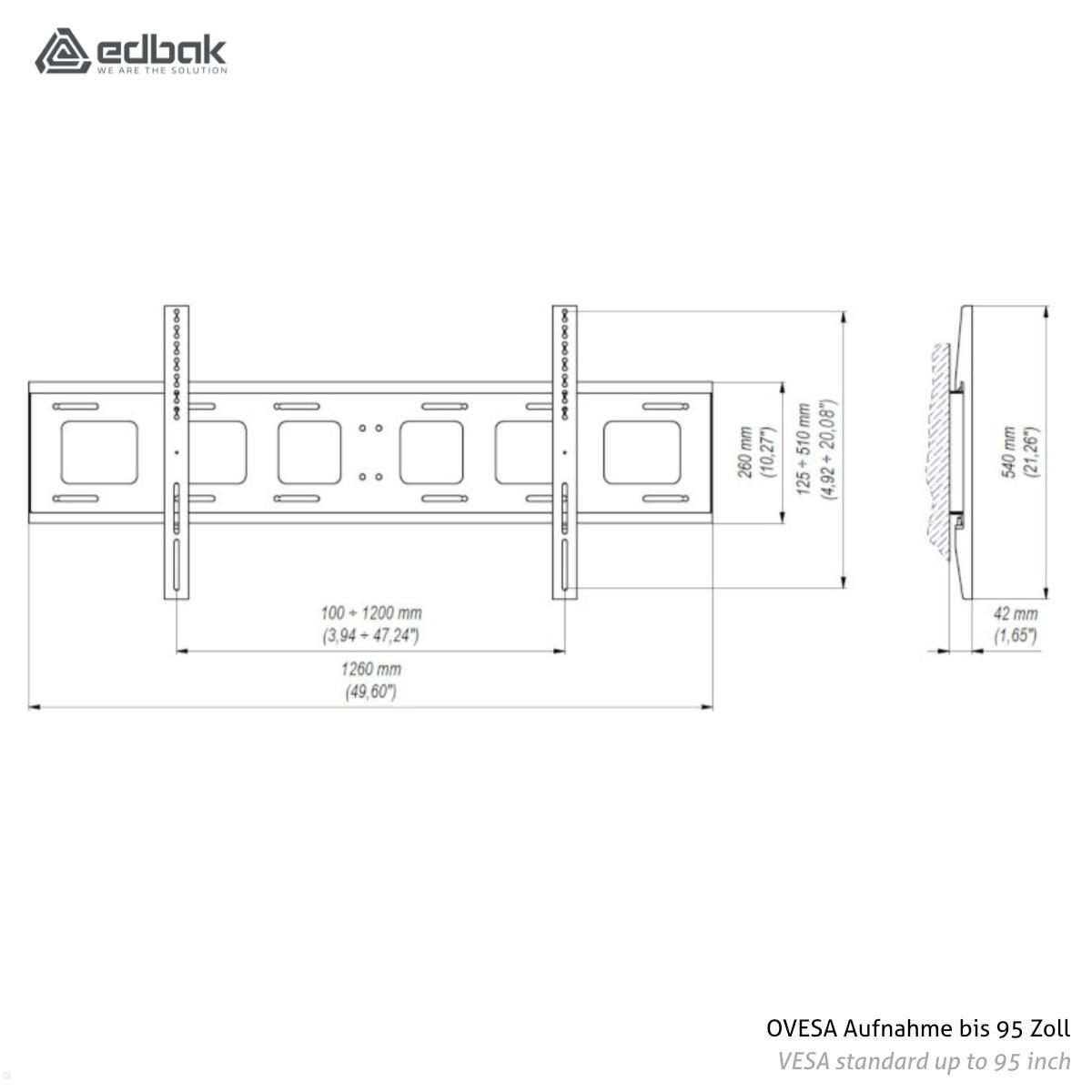 Edbak CMS21+XWB1 höhenverstellbare TV Deckenhalterung 37-95 Zoll, schwarz technische Zeichnung VESA Aufnahme bis 95 Zoll