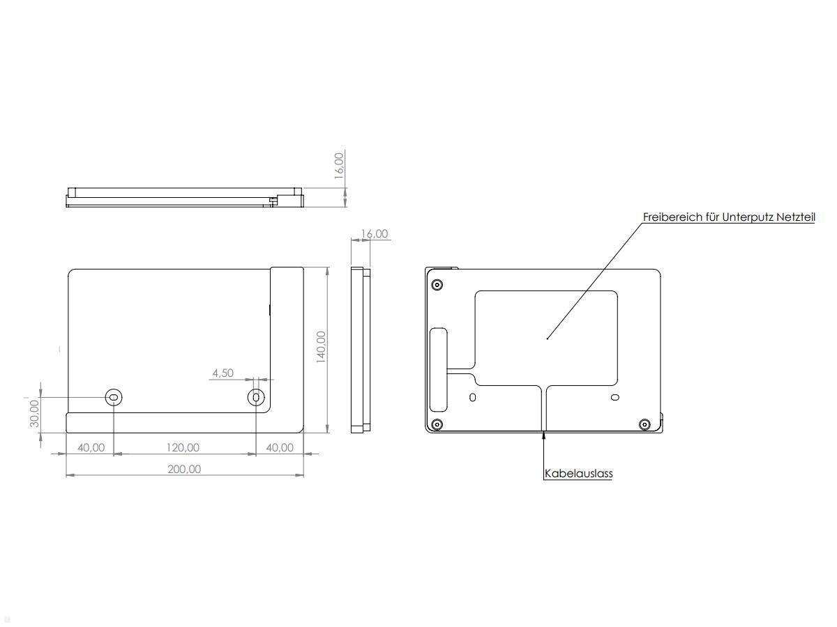 TabLines TWP008B Wandhalterung für Samsung Tab S7+ 12.4, schwarz, Zeichnung Maße Installation