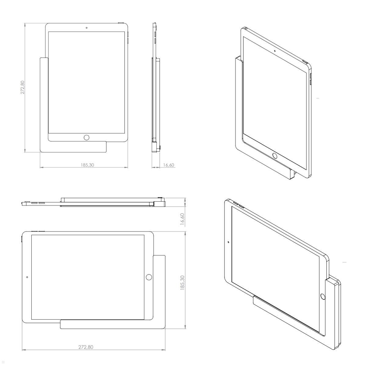 TabLines TWP015B Wandhalterung für Apple iPad Air 3 10.5 (2019), schwarz, Zeichnung, Maße mit Tablet