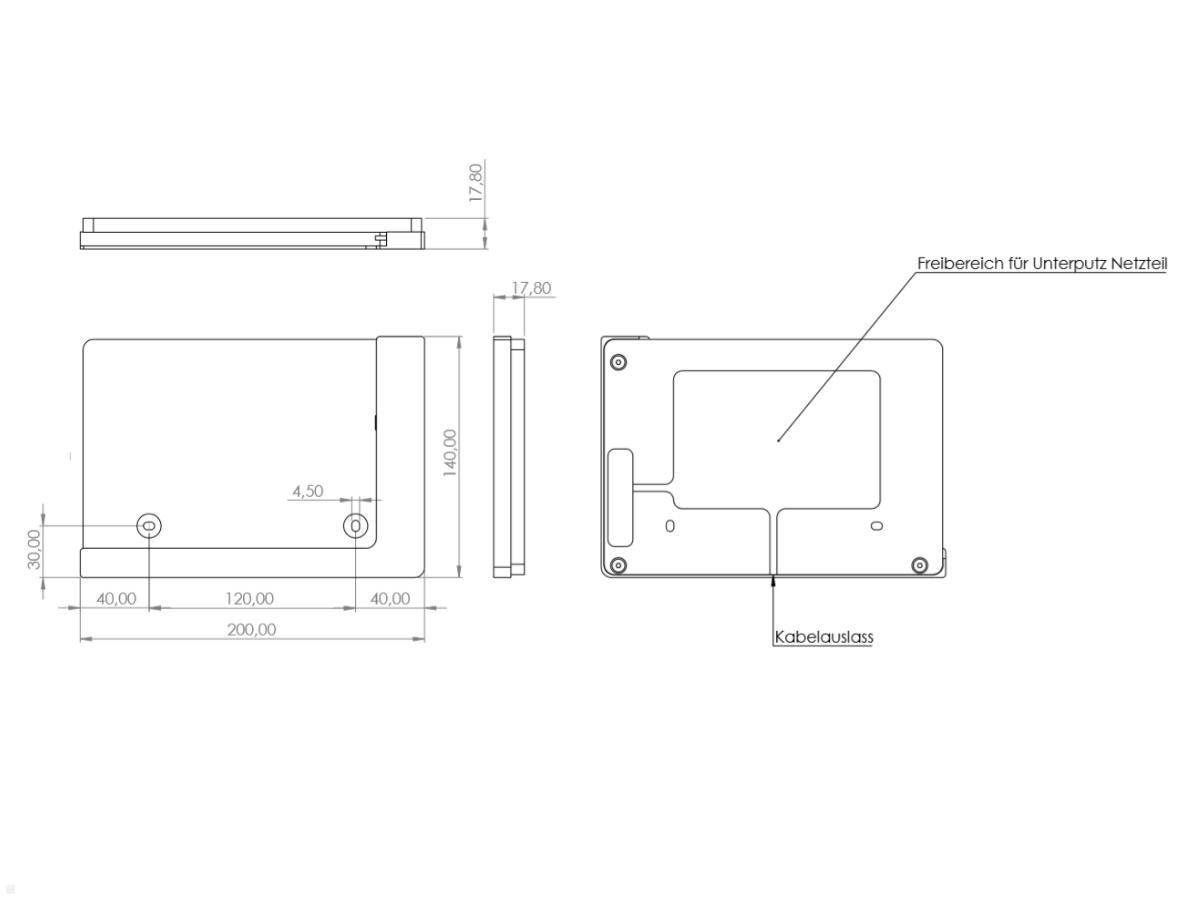 TabLines TWP002B Tablet Wandhalter für Samsung Tab A 10.1 (2019), schwarz, Zeichnung Maße Installation