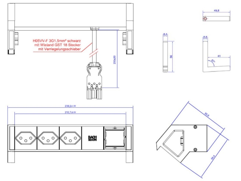 Bachmann DESK 2 3x Steckdose CH, 1x Custom Modul, inox (902.408) Maße