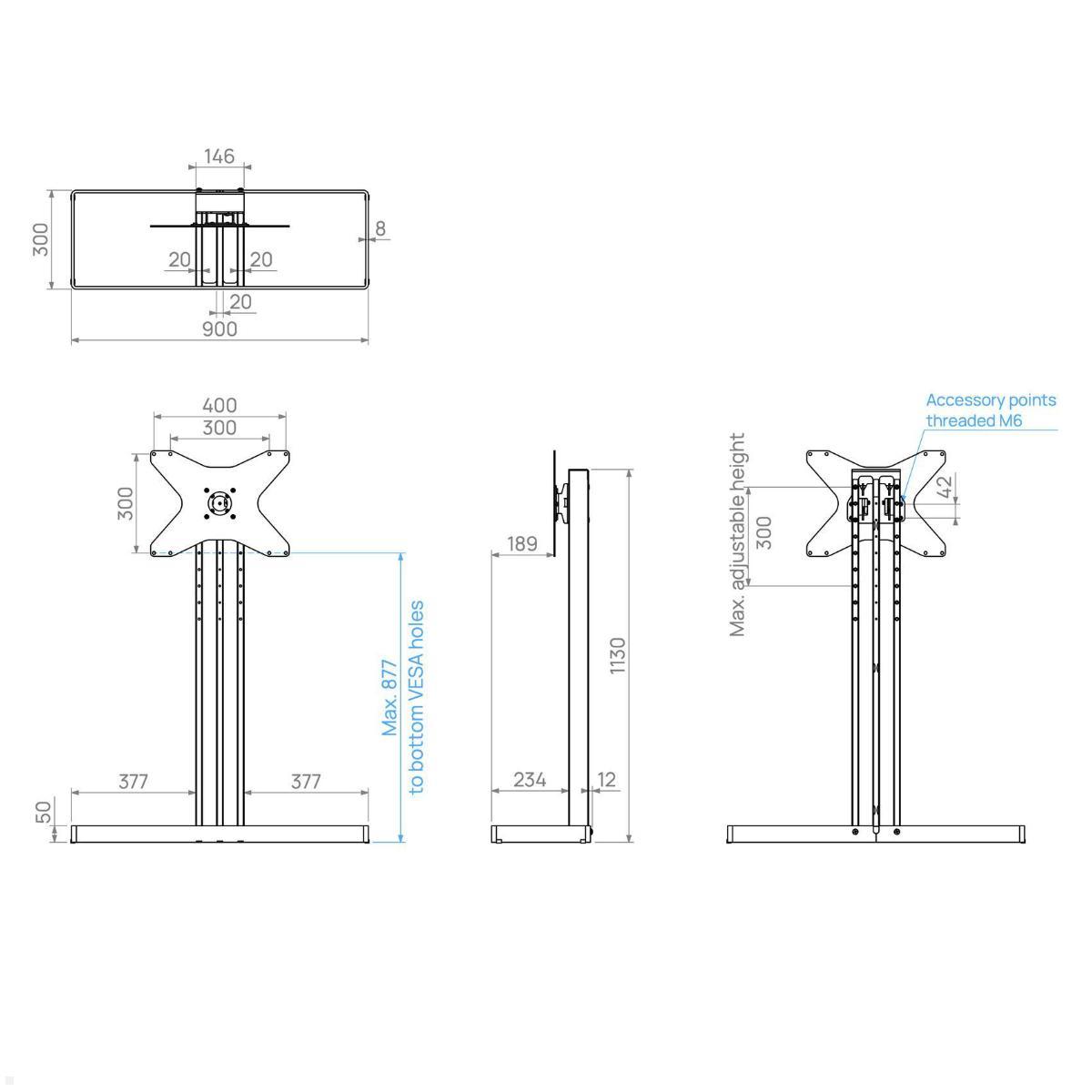 Cavus EDGE100B43 TV Bodenständer 1000 mm Säule VESA 400x300, schwarz technische Zeichnung