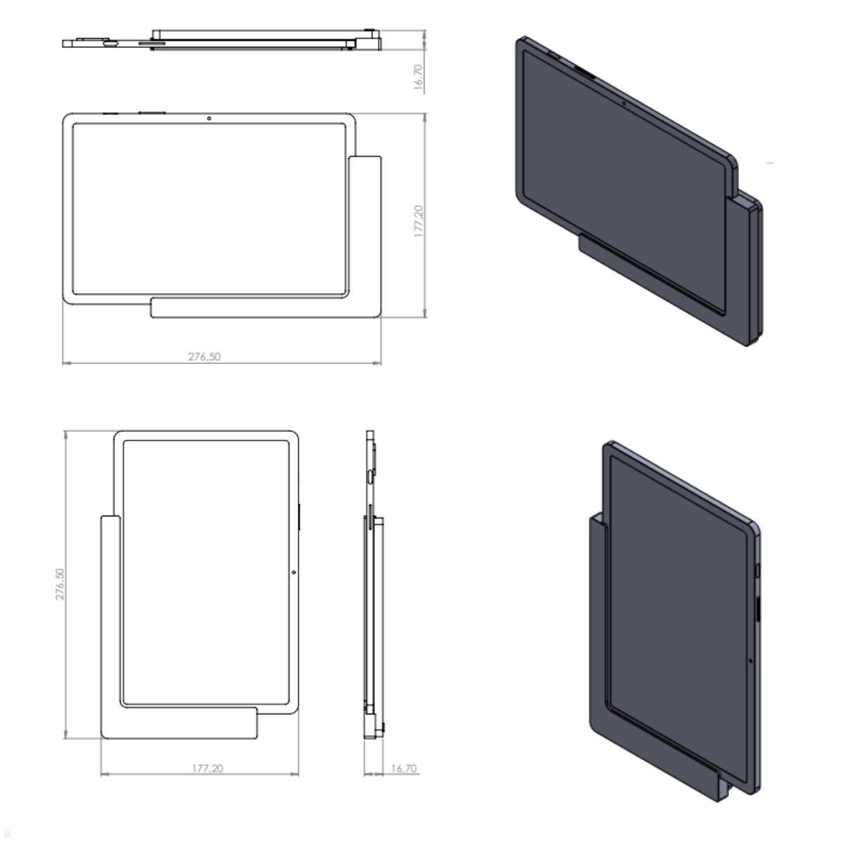 TabLines TWP029S Wandhalterung für Samsung Tab S9 11.0, silber, Zeichnung Maße mit Tablet