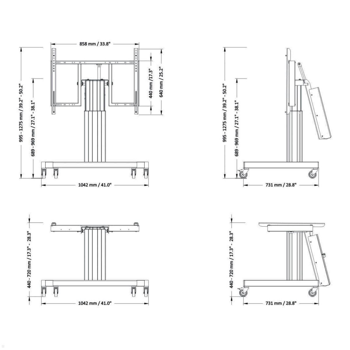 Neomounts PLASMA-M2550TSILVER Touch-Tisch/Ständer bis 100 Zoll, elektrisch, Zeichnung Maße