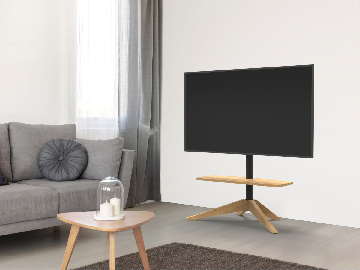 Cavus CROSS TV Ständer 32-65 Zoll, Säule 1000 mm, Eiche Anwendungsbeispiel Wohnzimmer