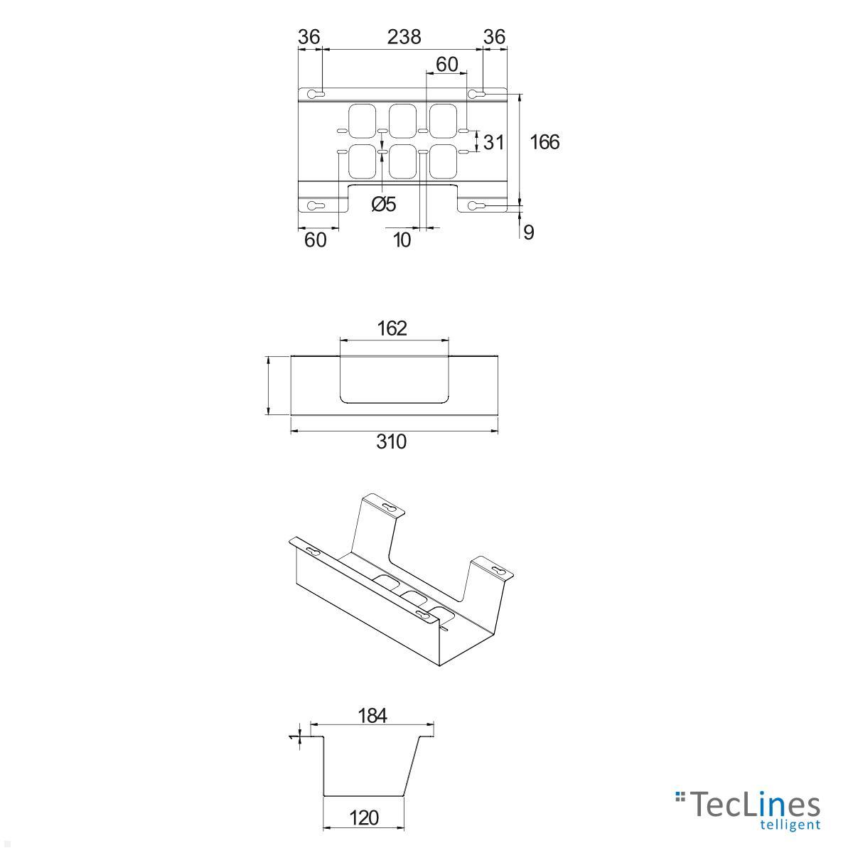 TecLines TKW001S Schreibtisch Kabelwanne horizontal 310 mm, silber technische Zeichnung