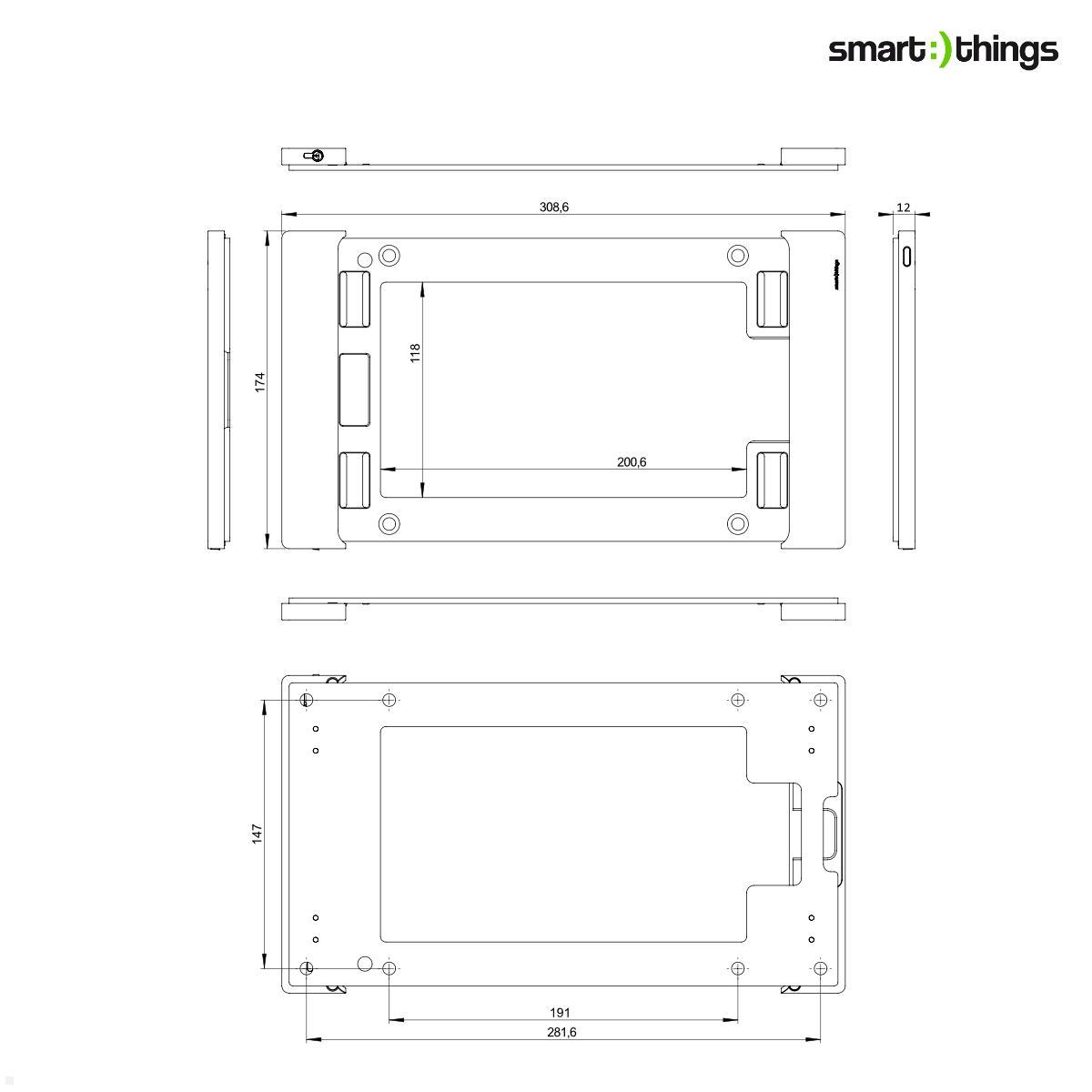 smart things sDock A10 iPad Wandhalterung 10.2 / 10.5 (s21 s), silber, technische Zeichnung