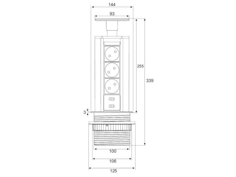 TecLines TVS001 versenkbare Steckdosenleiste 339mm, 3x Steckdose, 2x USB  Maße