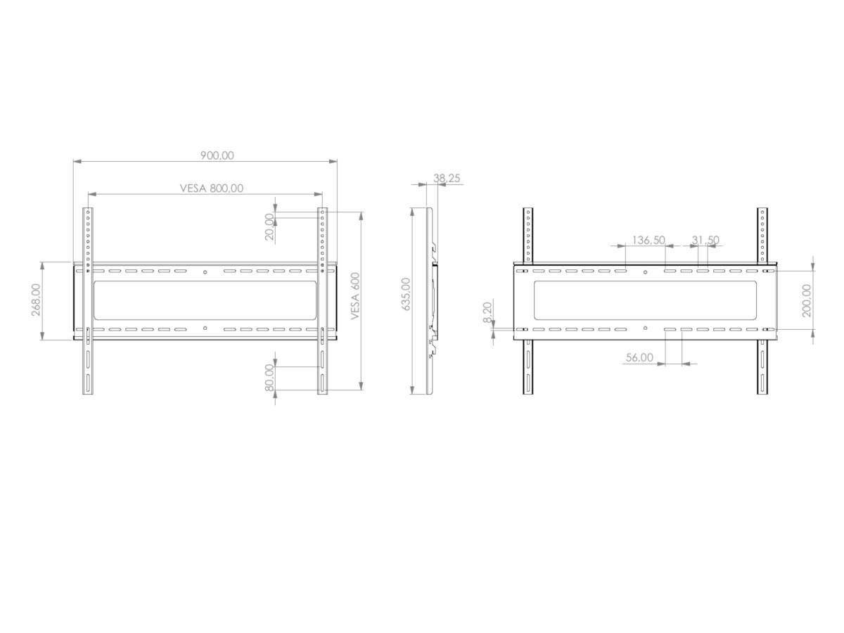 MonLines MWH012B flache TV Wandhalterung 42-100" abschließbar, schwarz technische Zeichnung