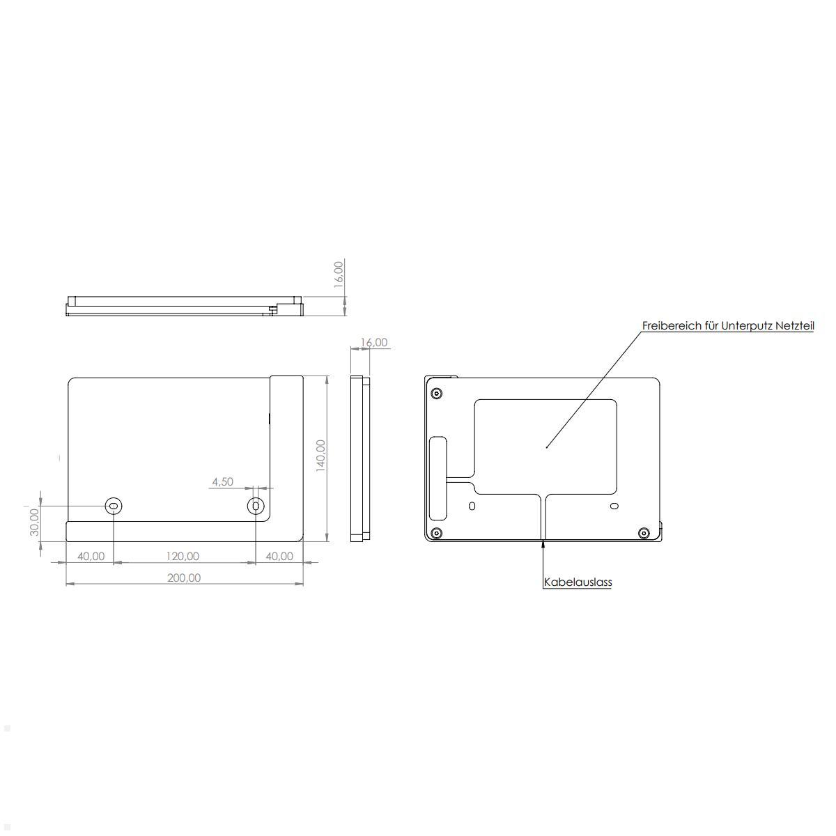 TabLines TWP021W Wandhalterung für Samsung Tab S8+ 12.4, weiß, Zeichnung Maße ohne Tablet