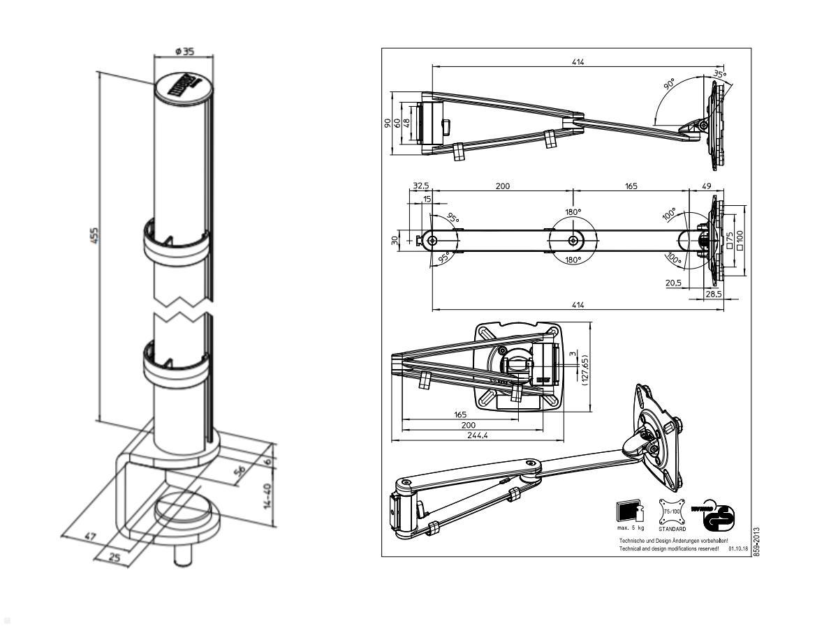 Novus MY tab arm 2.0 C Tablet Halterung mit Tischklemme (910+4019+000, Maße Zeichnung