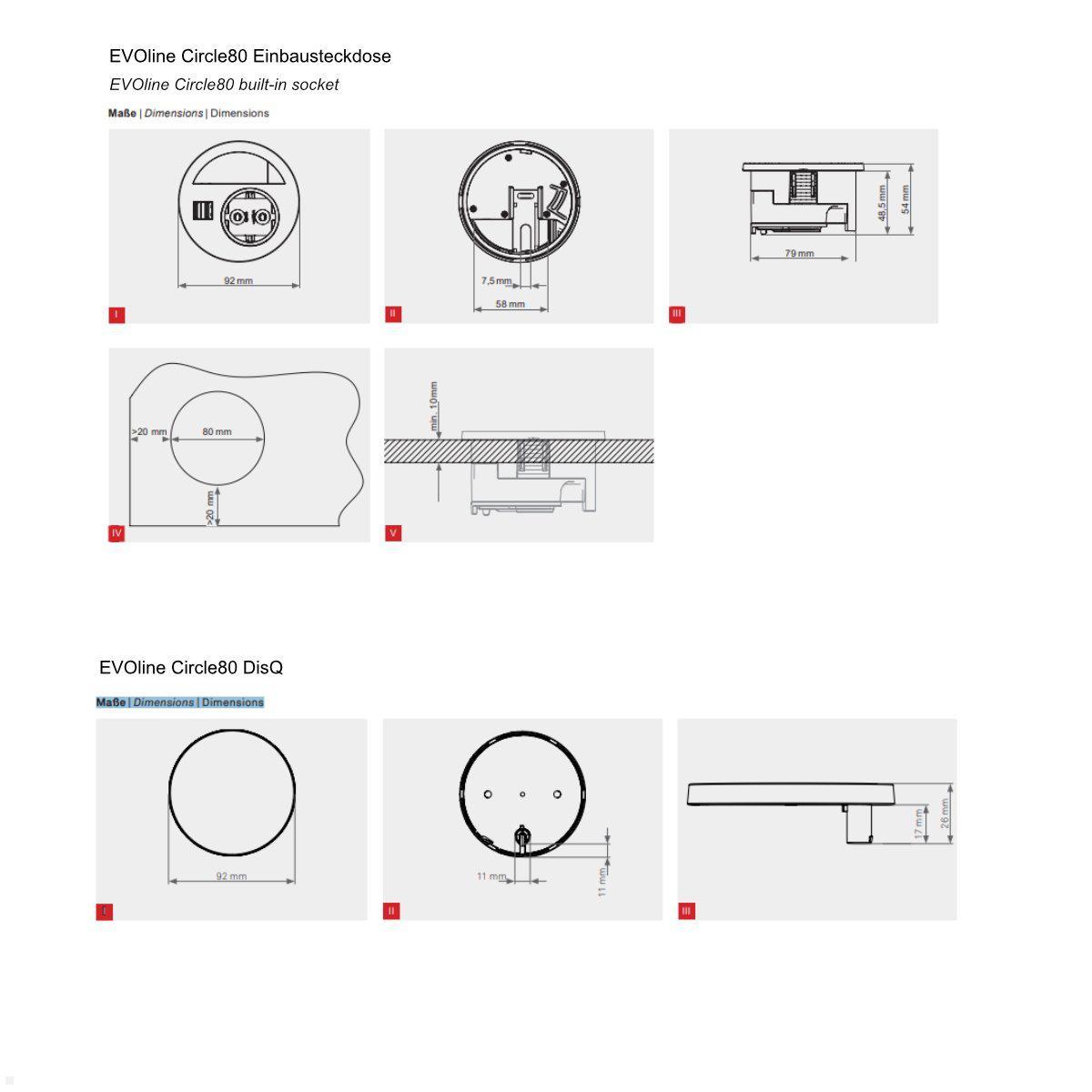 EVOline Circle80 Einbausteckdose USB A/C, Wireless Charger Deckel, Maße