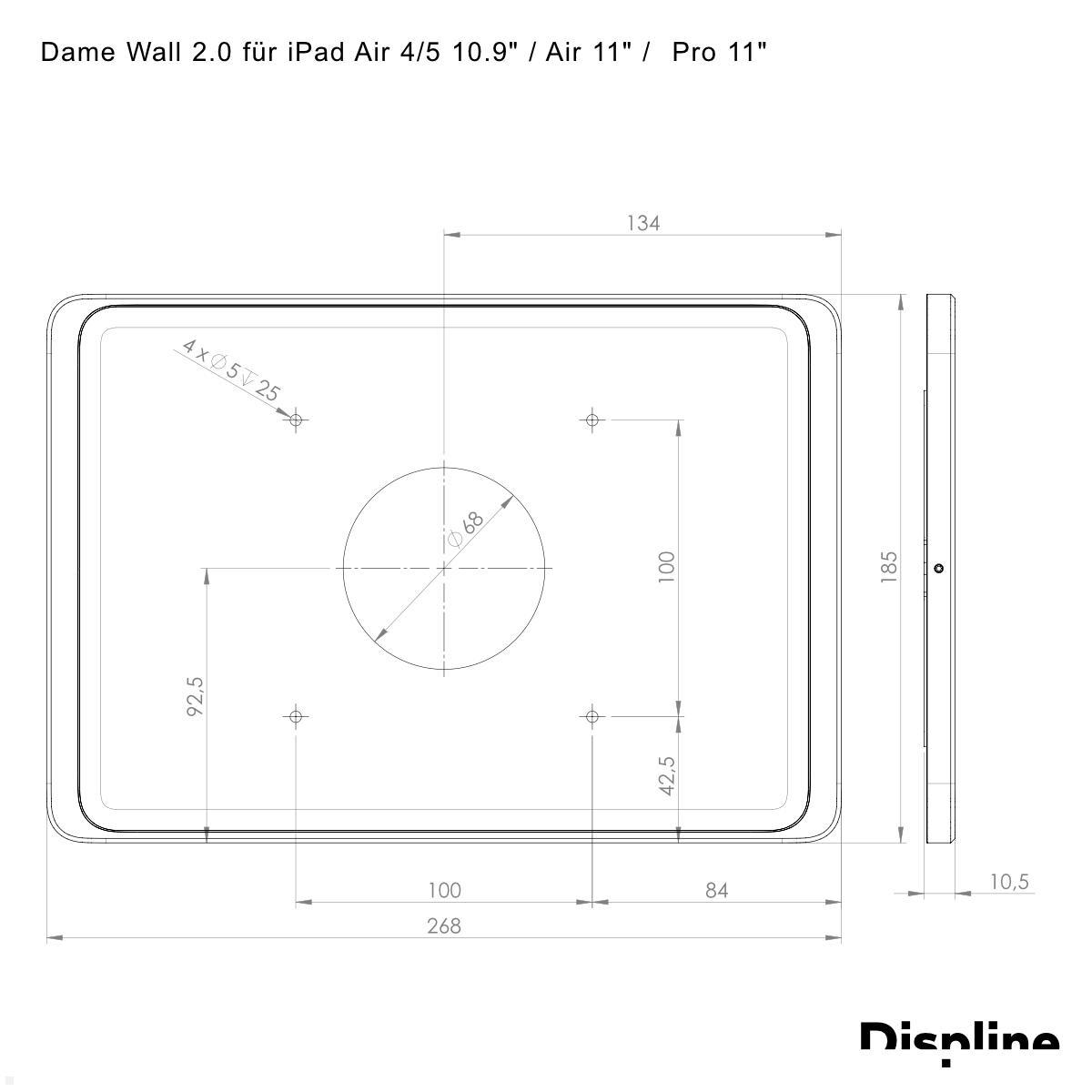 Displine Dame Wall 2.0 Wandhalter Apple iPad Air 4/5 (10.9) und Pro 11, schwarz eloxiert technische Zeichnung