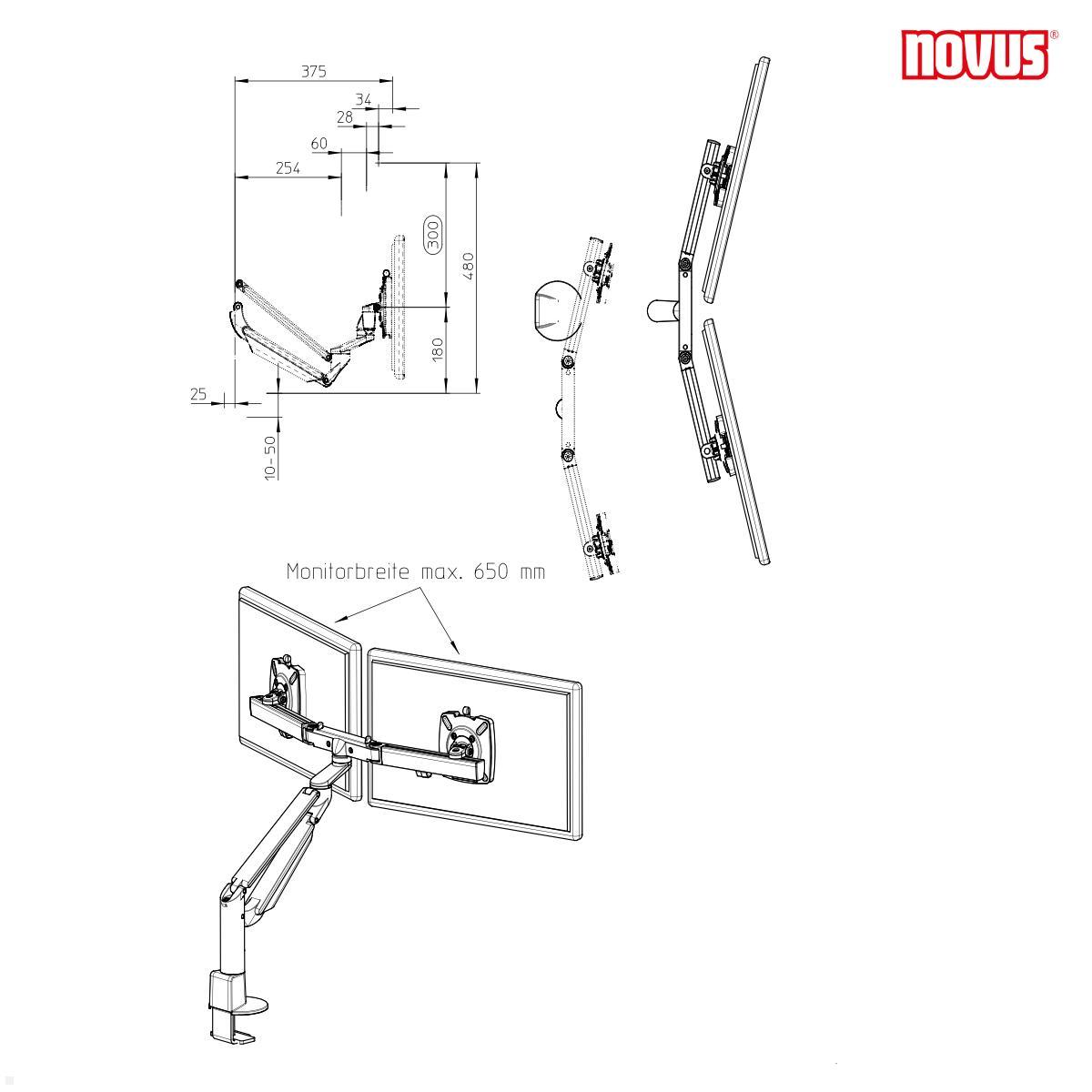 Novus Clu Plus X2 C Monitorhalterung für 2 Monitore bis 27Zoll (992+2018+000), schwarz technische Zeichnung