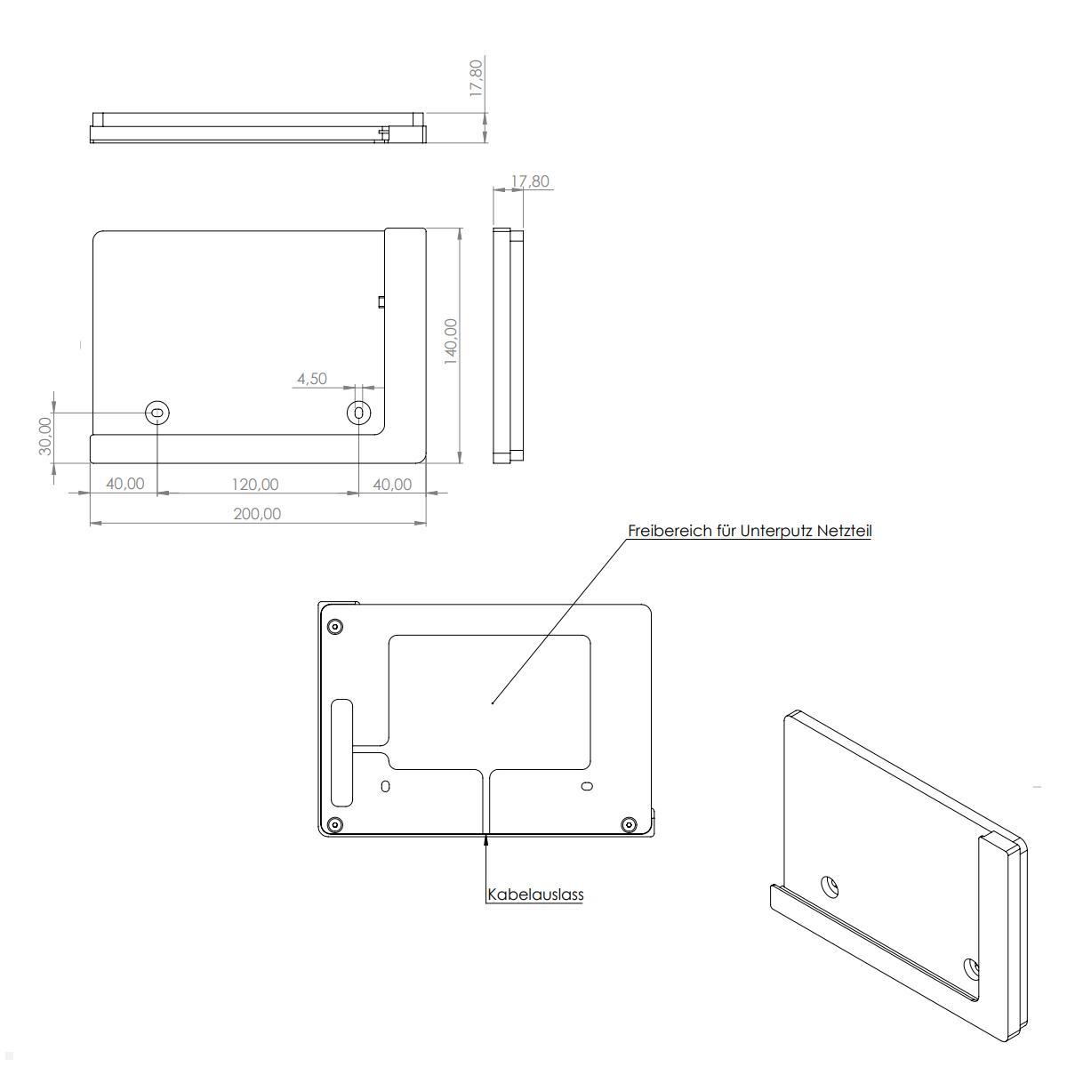 TabLines TWP010W Wandhalterung für Apple Air 1 9.7, weiß, Zeichnung Maße ohne Tablet