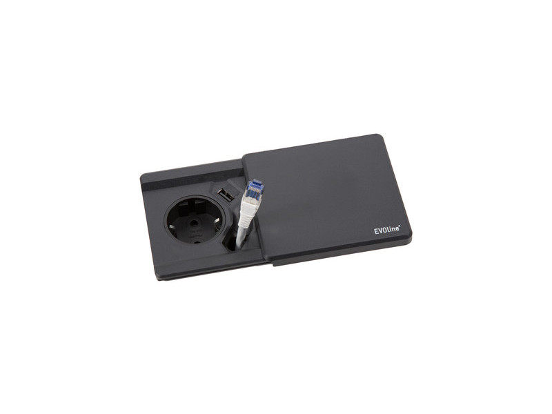 EVOline Square80 1x Schuko mit USB und CAT6 Patchkabel schwarz