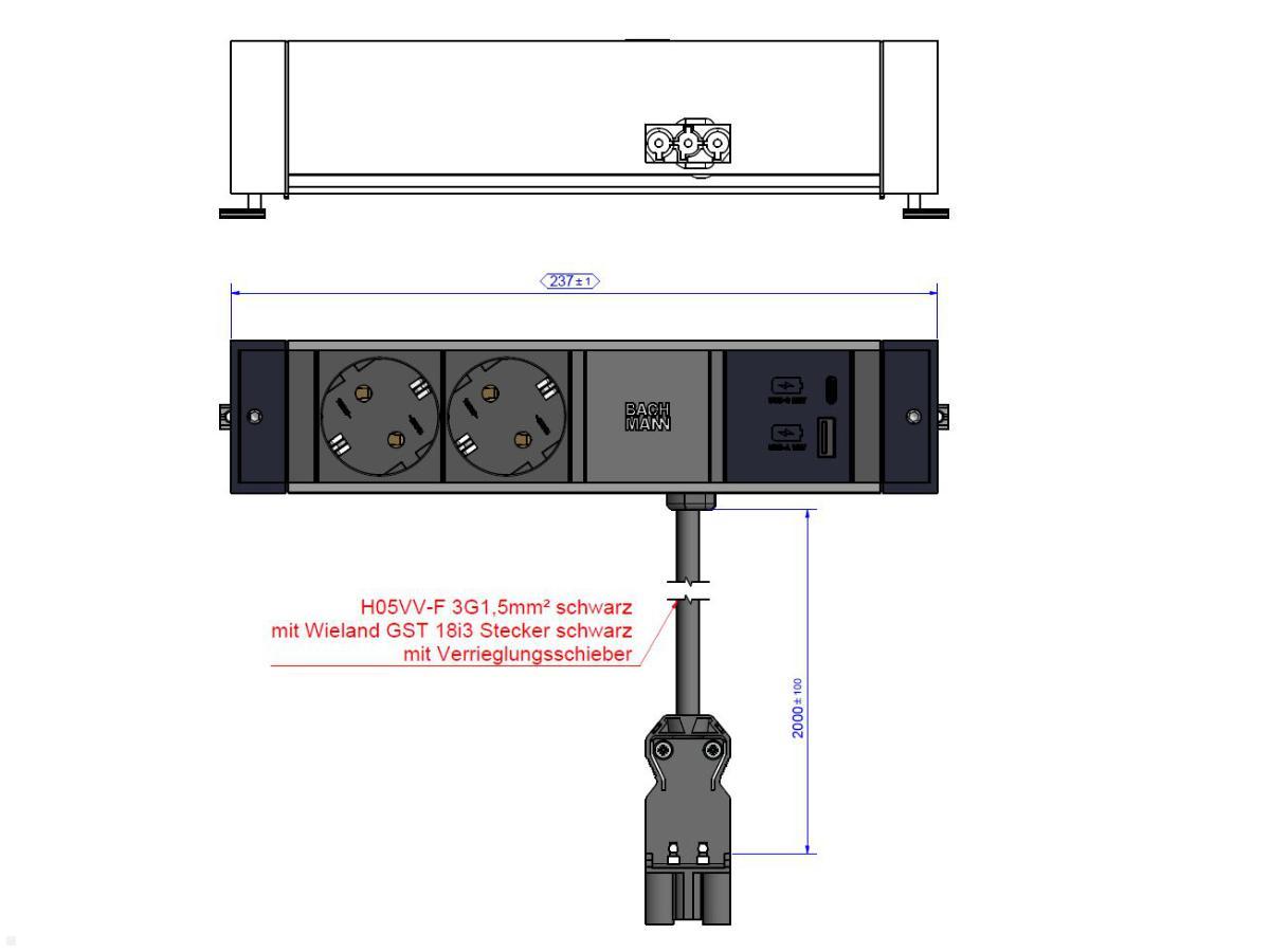 Bachmann DESK RAIL, 2x Steckdose, 1 USB-C Charger 60W, 1 CM (941.306), techn. Zeichnung 1