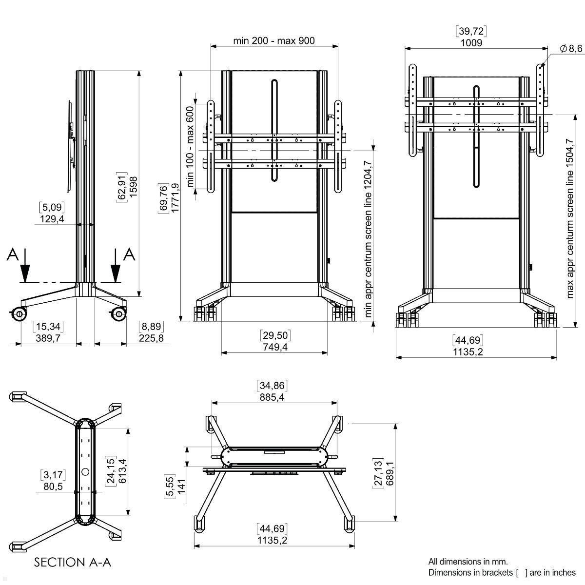 SMS EVER620 mobiler TV Ständer 98 Zoll, MDF Cover schwarz (16-010-1E), technische Zeichnung