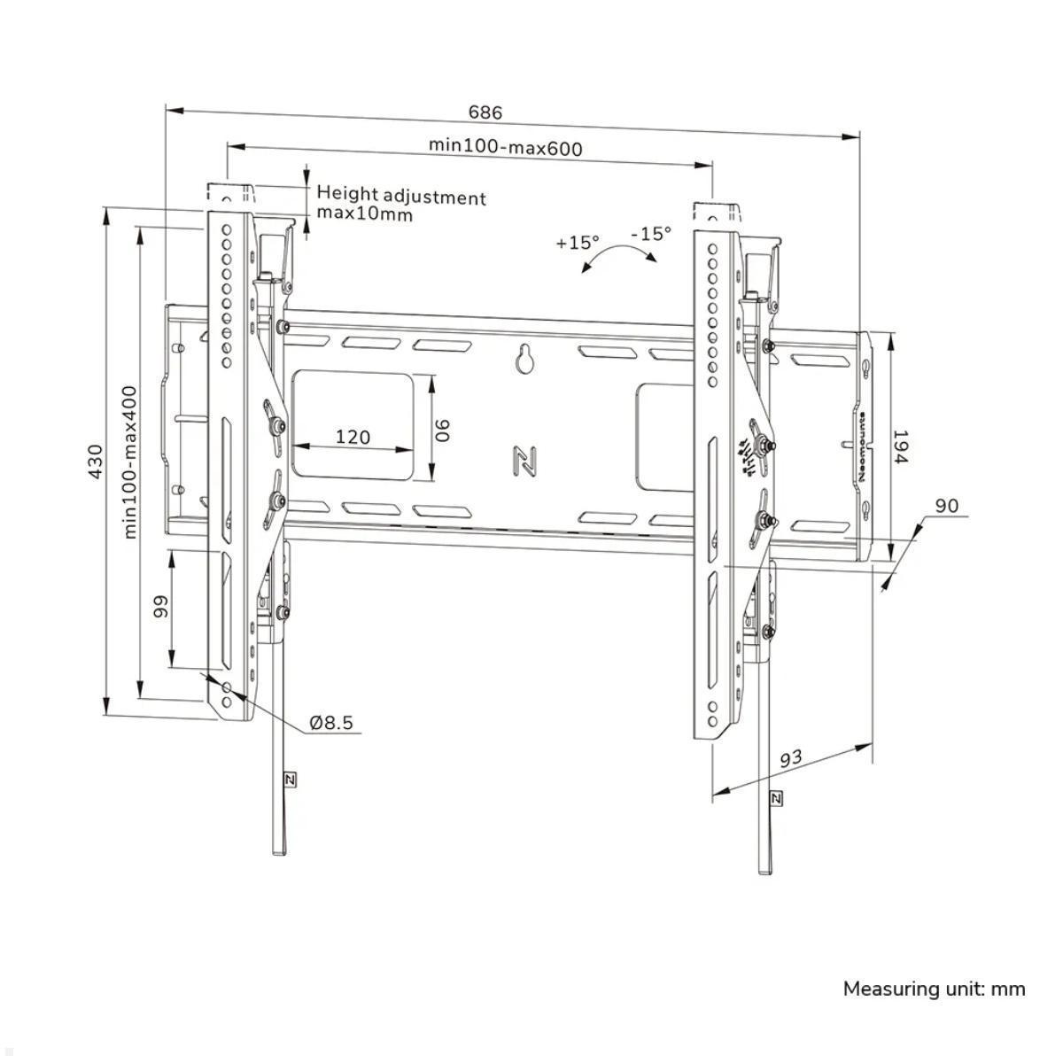 Neomounts Level WL35-750BL16 neigbarer Schwerlast TV Wandhalter 42 - 86 Zoll, 125 kg, Skizze