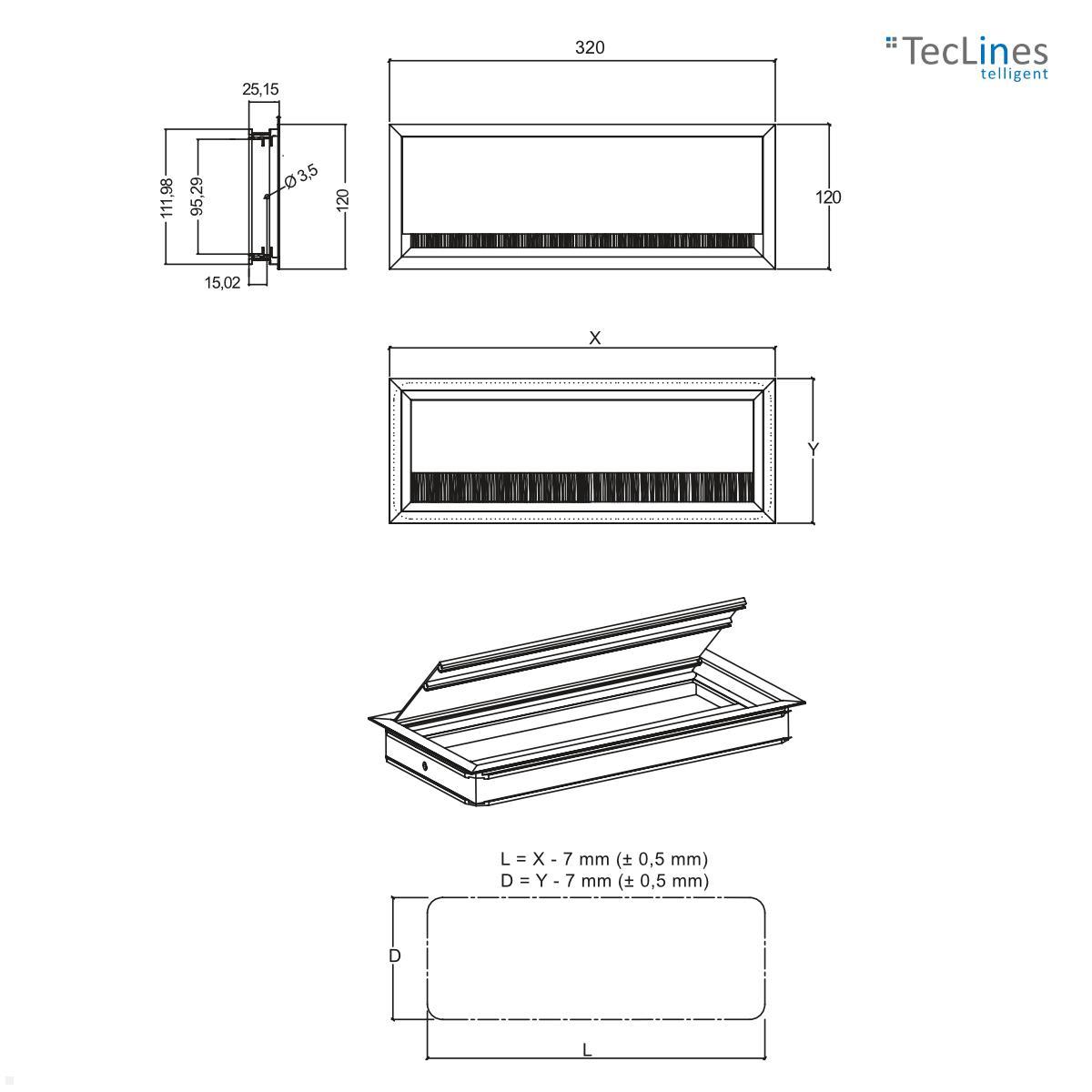 TecLines TKD013T Kabeldurchführung 320x120x25 mm, Titanium / schwarz technische Zeichnung