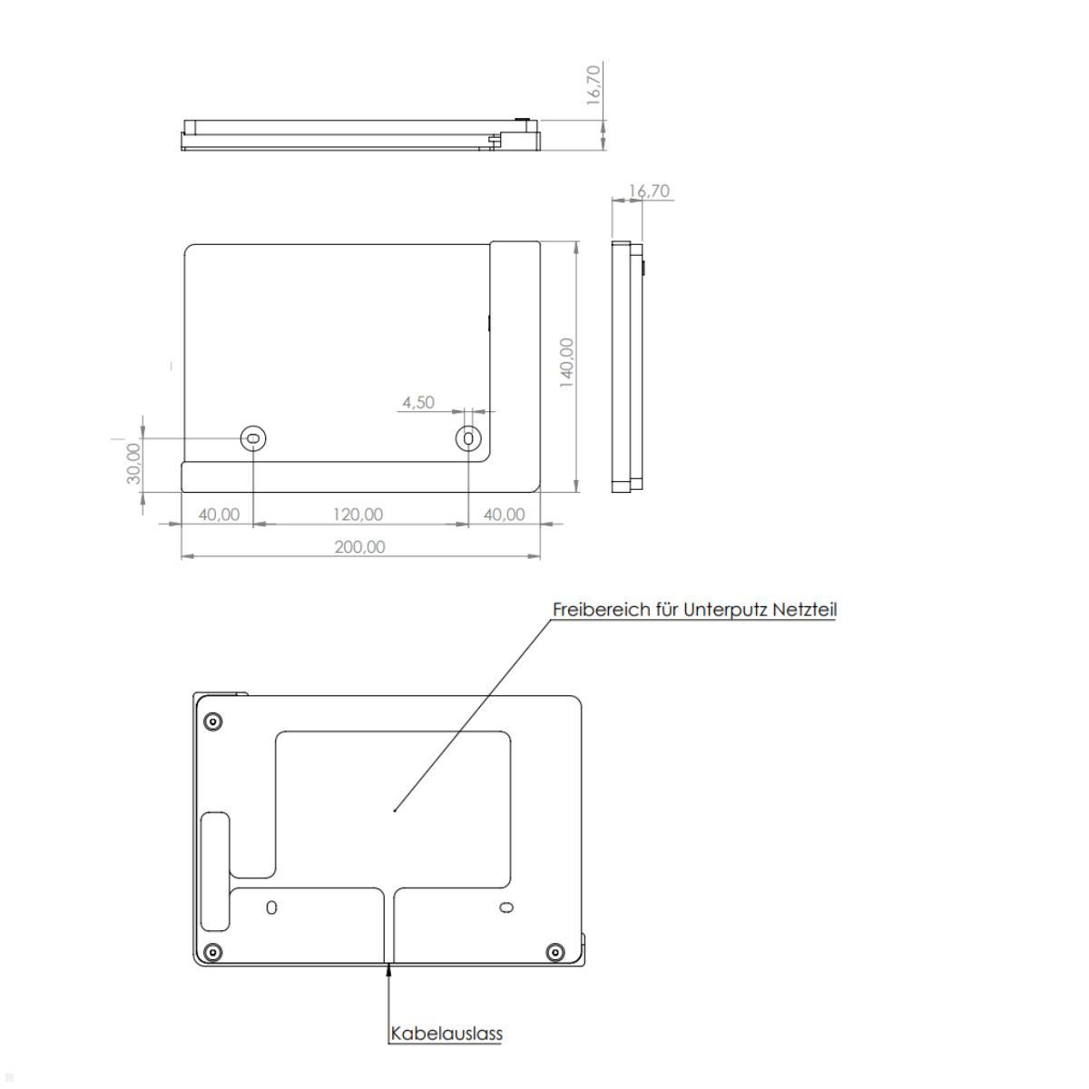 TabLines TWP029S Wandhalterung für Samsung Tab S9 11.0, silber, Zeichnung Maße ohne Tablet