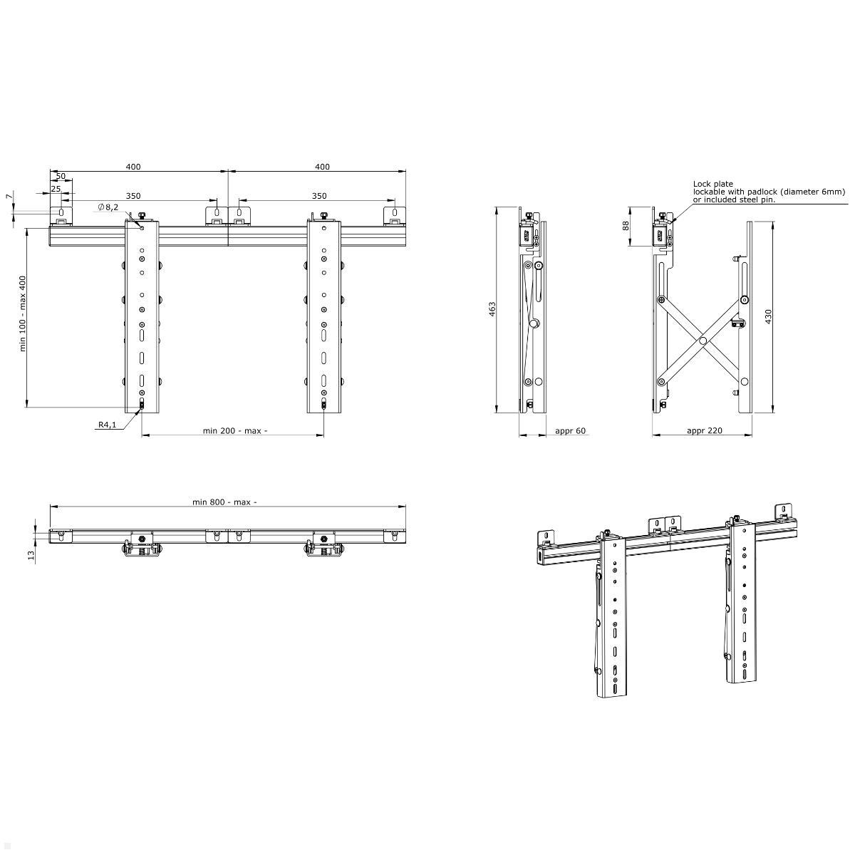 SMS Multi Display Wall + Push-Out Videowall Einbau Wandhalterung (PW010020), technische Zeichnung