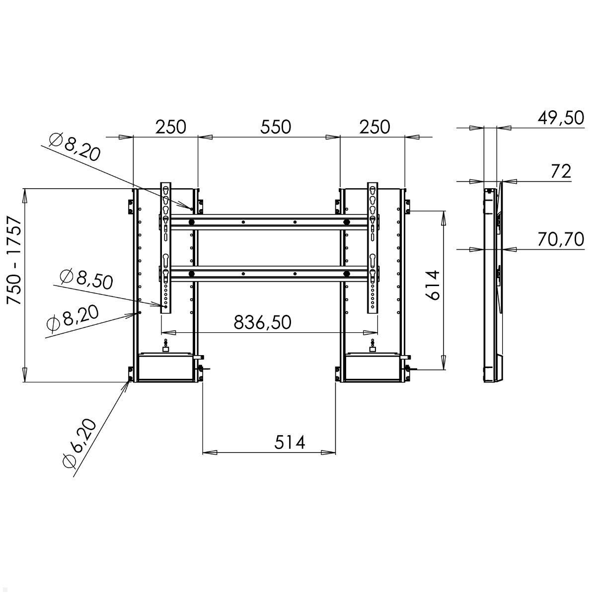 Venset TS1000C TWIN TV Lift Deckenhalterung elektrisch 1000 mm Hub 50 kg, technische Zeichnung