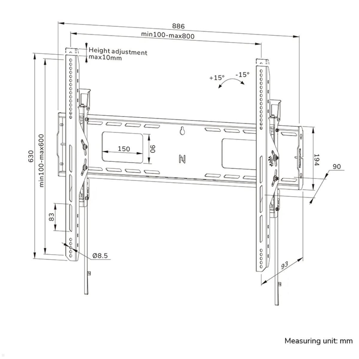 Neomounts Level WL35-750BL18 neigbarer Schwerlast TV Wandhalter 43 - 98 Zoll, 125 kg, Skizze