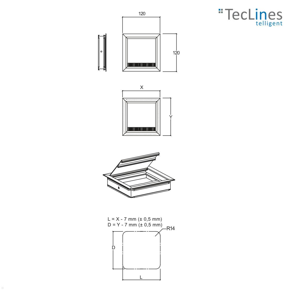 TecLines TKD011T Kabeldurchführung 120x120x25 mm, Titanium / schwarz technische Zeichnung