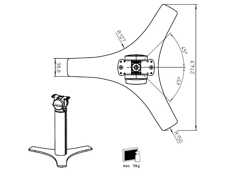 Novus POS Tablet Tischständer mit VESA Halterung (882+0305+000), Technische Zeichnung