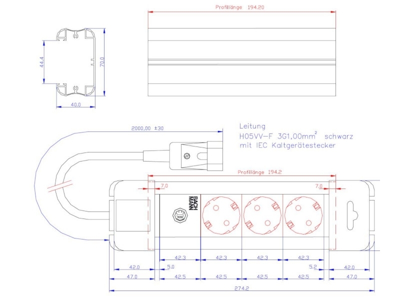 Bachmann CONNECTUS 3-fach Steckdoseleiste, 2m,  C14 Kaltgerätestecker (330.300) Zeichnung