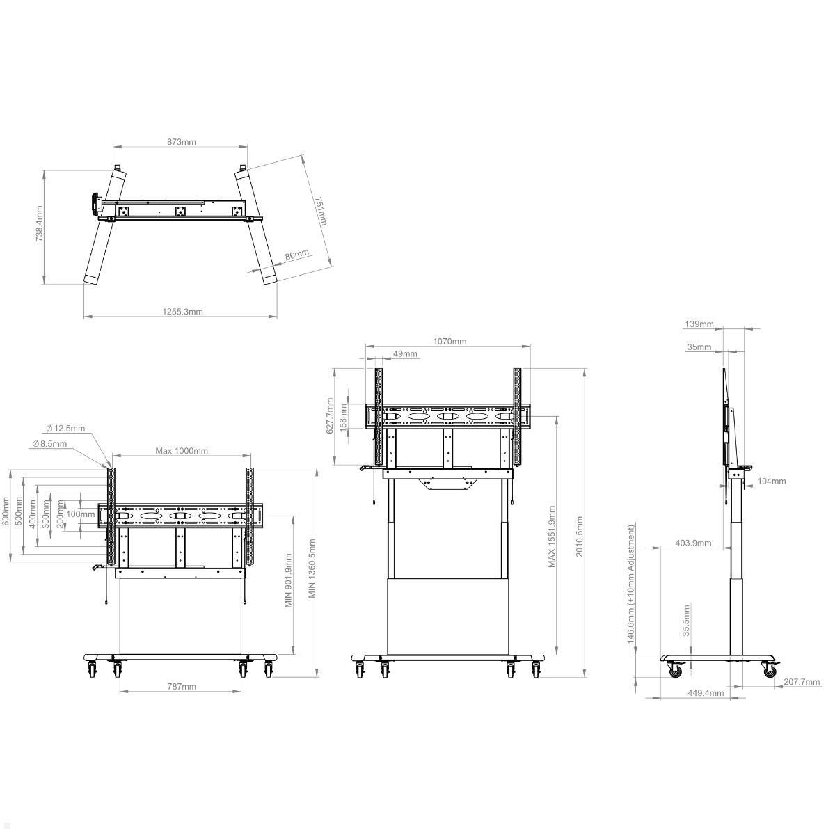 B-Tech BT8568/B mobiler elektrischer TV Ständer bis 86 Zoll, schwarz, technische Zeichnung