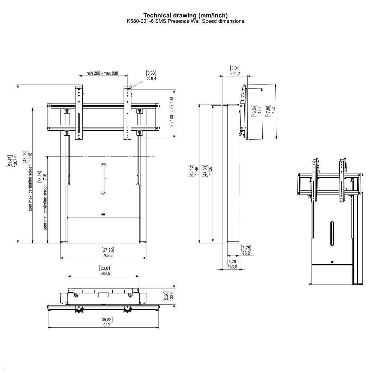 SMS Presence Speed Wall Monitor Wandhalter, manuell höhenverstellbar (K580-001-6) technissche Zeichnung