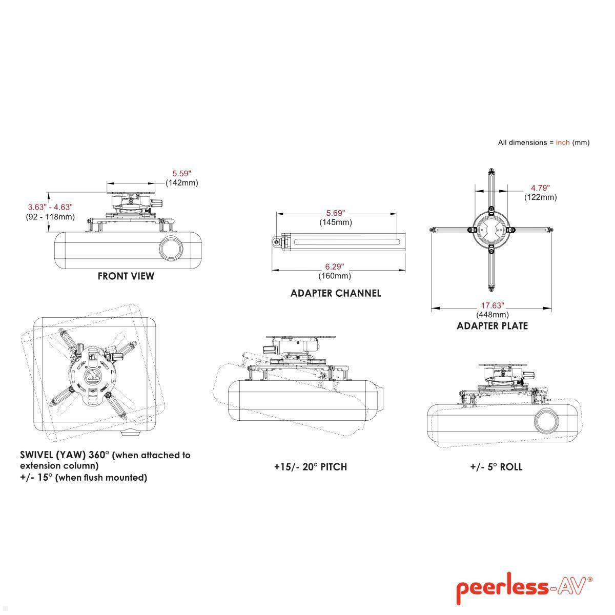 Peerless PRGS-UNV-S Beamer Deckenhalterung bis 22 kg, silber technische Zeichnung